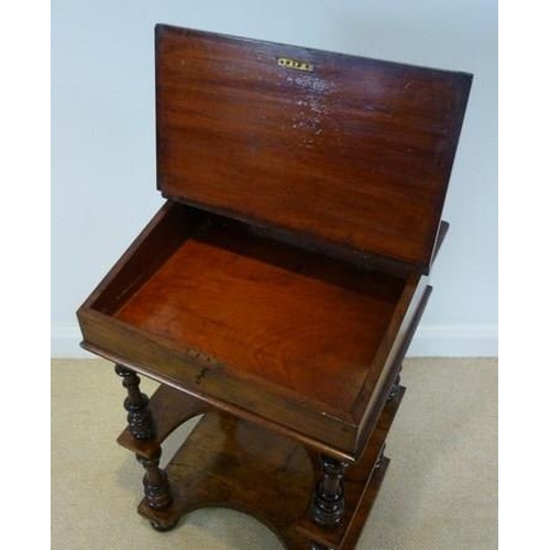 748 - A Victorian burr yew Davenport type desk, with boxwood inlay and stringing, raised on turned legs wi... 