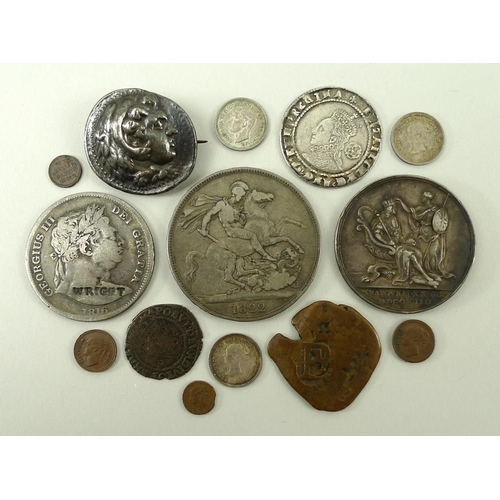 757 - A collection of coins comprising an Elizabeth I silver shilling 1576 hammered coin, a 1652 silver th... 