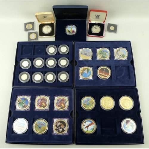 763 - A collection of silver proof and copper alloy gold plated numisproof part sets, £5 and £2 coins, com... 