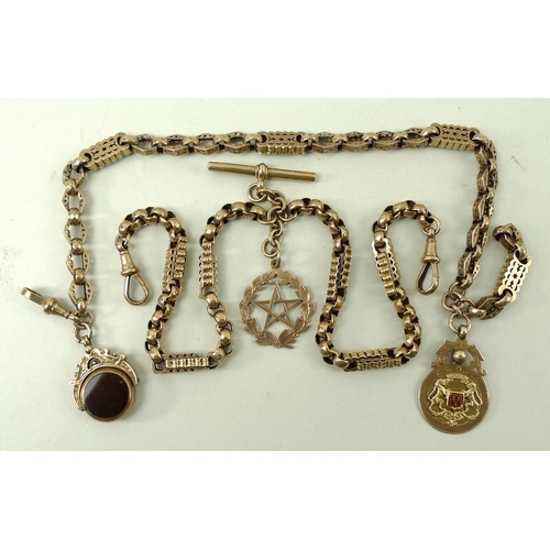 784 - A 9ct gold link chain and fob, with hardstone swivel fob and crested badge marked 'A&D.F.A', the lin... 