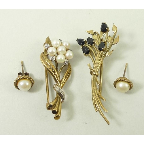 787 - A diamond, pearl and gold floral spray brooch, an amethyst and gold spray brooch, and a pair of pear... 