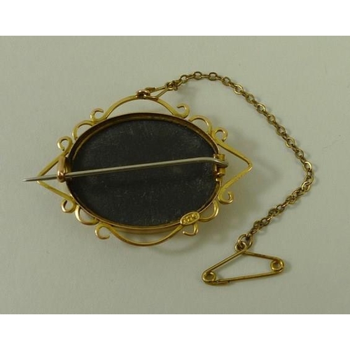 788 - An oval pietra dura brooch, the ground set with flowers and leaves, in 9ct gold scroll form mount, w... 