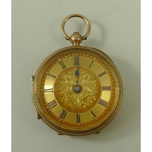 797 - A lady's 9ct gold cased pocket watch, the back floral engraved with shield cartouche, the face with ... 