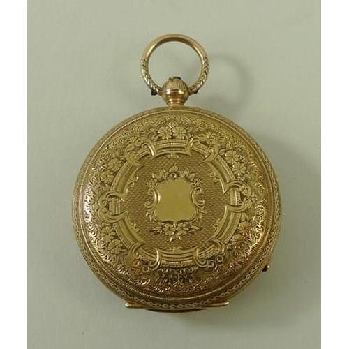 797 - A lady's 9ct gold cased pocket watch, the back floral engraved with shield cartouche, the face with ... 