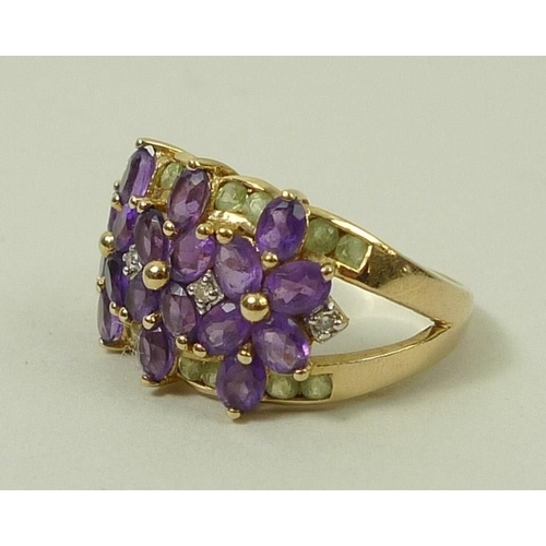 808 - A 14ct gold, diamond, amethyst and peridot dress ring, makers mark 'IW', size Q, 5.9g.