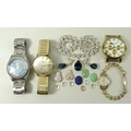 A group of watches and costume jewellery, comprising a 9ct gold cased lady's Record de Luxe quartz w... 