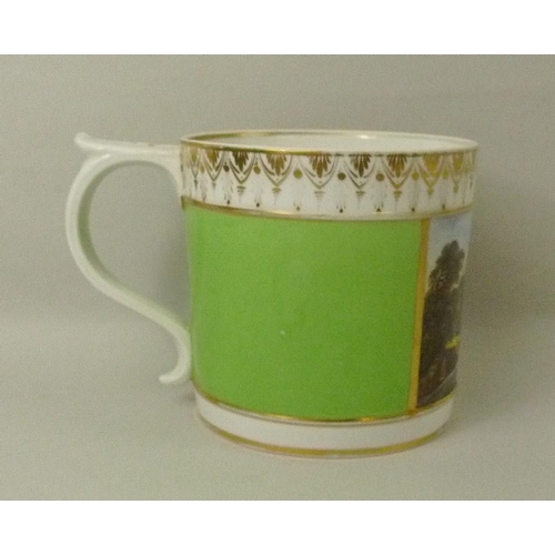 512 - A Derby porcelain tankard, early 19th century, decorated with a reserve of trees by a flowing river ... 