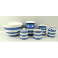 A collection of T. G. Green ceramics in blue and white stripes, comprising a mixing bowl, four lidde... 
