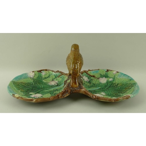 522 - A George Jones majolica hors d'oeuvres dish formed as two polychrome leaf dishes joined by branch wi... 