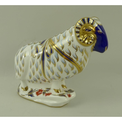 543 - A Royal Crown Derby paperweight, modelled as a ram, LIII, 14cm, boxed.