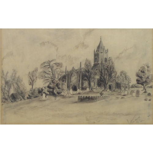 562 - A pencil drawing of a church amongst trees, with coloured highlights, signed indistinctly lower righ... 