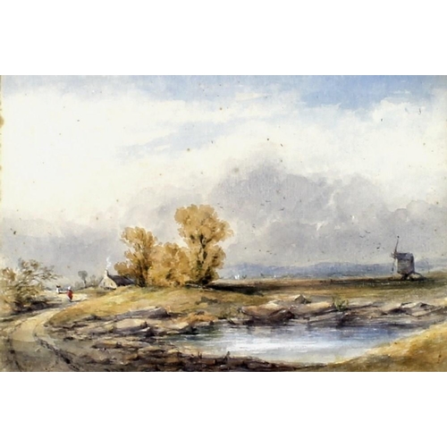 567 - George James Knox (British, 1810-1897): a landscape with windmill, pond and figures on a road, water... 