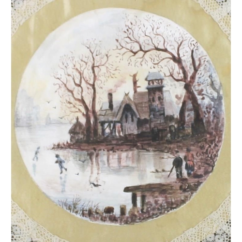 568 - English School (19th century): twelve landscape studies painted on silk with Nottingham lace borders... 