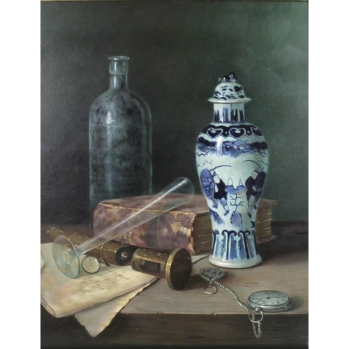 587 - Raymond Campbell (British, b. 1956): a contemporary still life depicting a Chinese crackle glaze jar... 