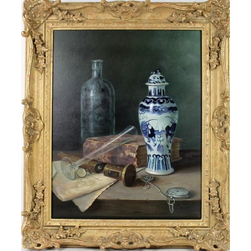 587 - Raymond Campbell (British, b. 1956): a contemporary still life depicting a Chinese crackle glaze jar... 