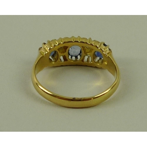 799 - An 18ct gold, sapphire and diamond ring set with three sapphires divided by two pairs of diamonds, s... 