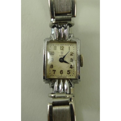 803 - A lady's vintage tank cased Tudor Rolex watch, with Arabic numerals and a further Tudor watch with c... 