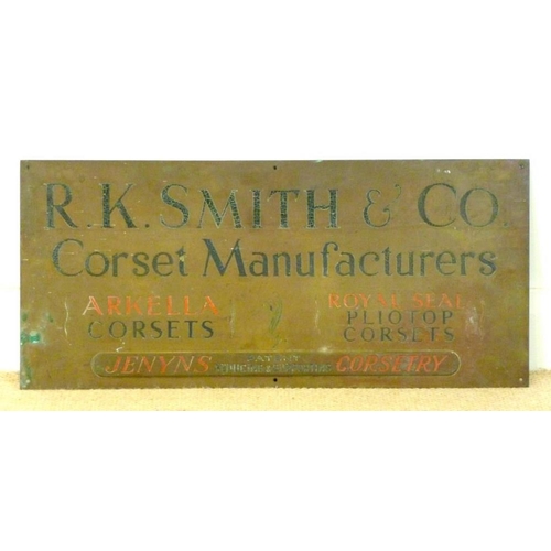 836 - A brass shop sign, R. K. Smith & Co, Corset Manufacturers, featuring 'Jenyns Patent Reducing and Sup... 