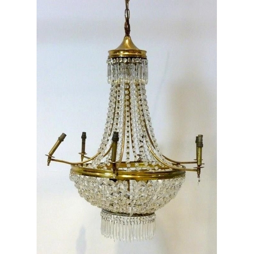 845 - A 1950's bag chandelier ceiling light fitting, with brass frame, six branches, and glass drops, 65 b... 