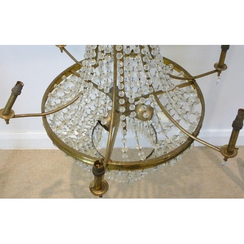 845 - A 1950's bag chandelier ceiling light fitting, with brass frame, six branches, and glass drops, 65 b... 