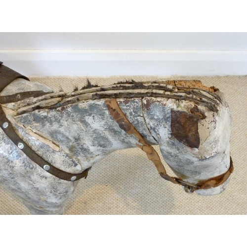 847 - A French carved wooden horse, circa 1900, painted dapple grey with leather saddle, a/f condition, 88... 