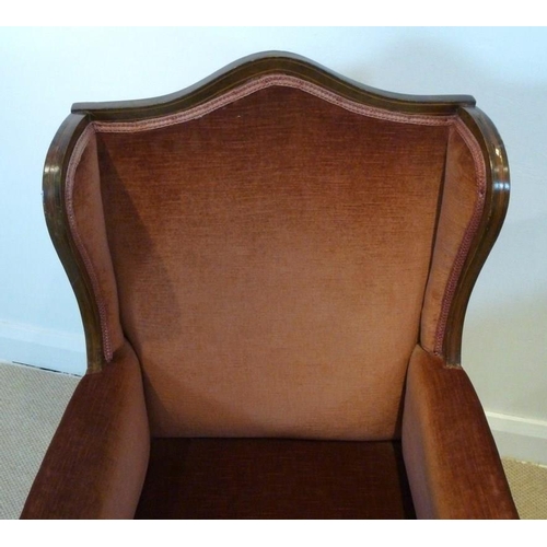 855 - An Edwardian mahogany wing armchair with box and ebony inlay, pink velour upholstery on square taper... 