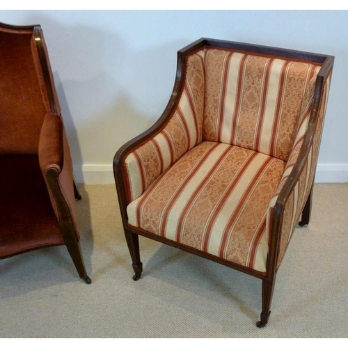 855 - An Edwardian mahogany wing armchair with box and ebony inlay, pink velour upholstery on square taper... 