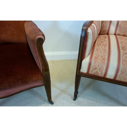 855 - An Edwardian mahogany wing armchair with box and ebony inlay, pink velour upholstery on square taper... 