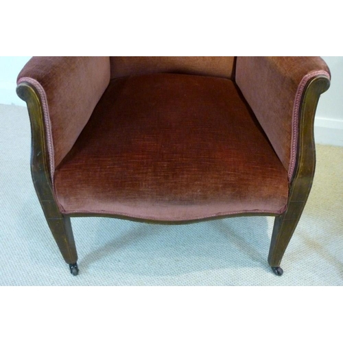 855 - An Edwardian mahogany wing armchair with box and ebony inlay, pink velour upholstery on square taper... 