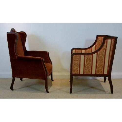 855 - An Edwardian mahogany wing armchair with box and ebony inlay, pink velour upholstery on square taper... 