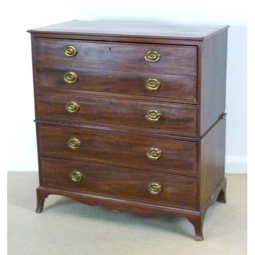 891 - A Victorian mahogany secretaire chest on chest, with crossbanded border, boxwood and ebony stringing... 