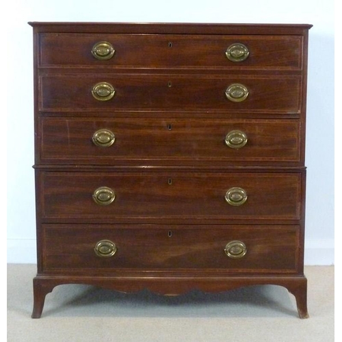 891 - A Victorian mahogany secretaire chest on chest, with crossbanded border, boxwood and ebony stringing... 