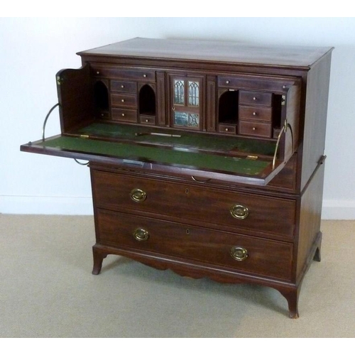 891 - A Victorian mahogany secretaire chest on chest, with crossbanded border, boxwood and ebony stringing... 