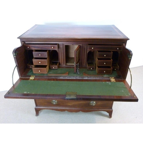 891 - A Victorian mahogany secretaire chest on chest, with crossbanded border, boxwood and ebony stringing... 