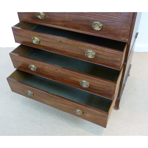 891 - A Victorian mahogany secretaire chest on chest, with crossbanded border, boxwood and ebony stringing... 