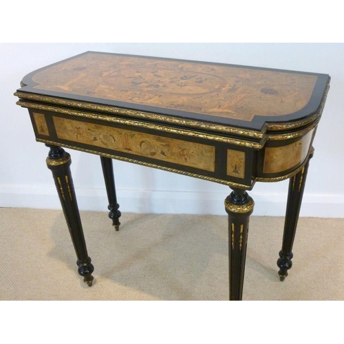 899 - A French 19th century, Louis Philippe, ebonised and ormolu mounted card table, the surface profusely... 