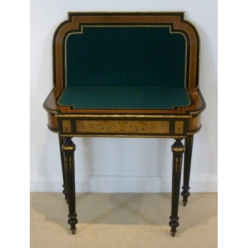 899 - A French 19th century, Louis Philippe, ebonised and ormolu mounted card table, the surface profusely... 