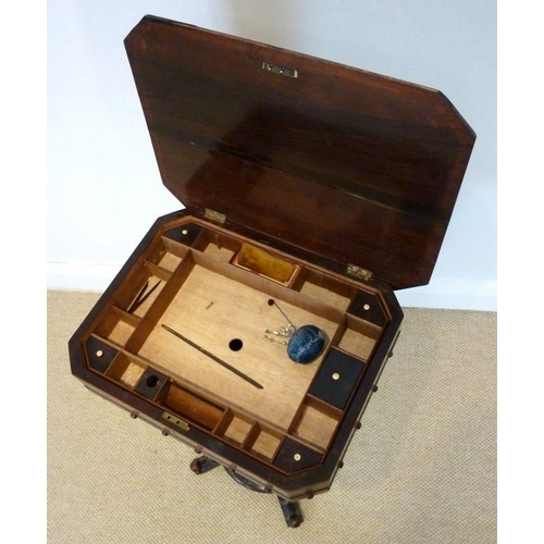 1030 - A rosewood workbox, circa 1860, with fitted interior, raised on a single lobe carved baluster pedest... 