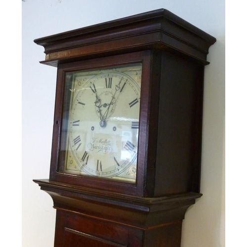 1042 - A George III mahogany 8-day longcase clock, by F. Mallett, Barnstable, circa 1800, the four pillar t... 