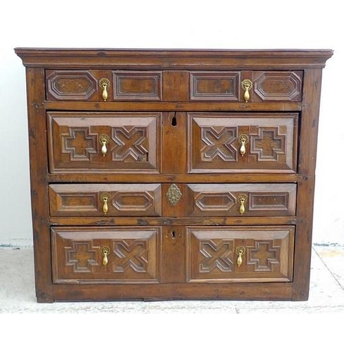 1042A - A Restoration oak chest of four drawers, circa 1680, being the top section of a chest on stand, with... 