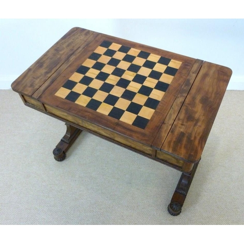 1060 - A William IV mahogany games table, circa 1830, the rounded rectangular top with a reversible games b... 