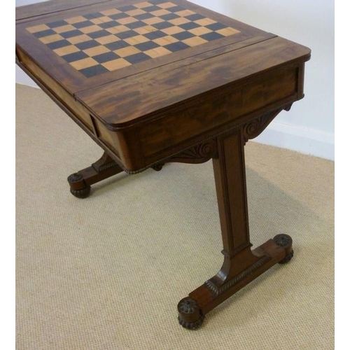 1060 - A William IV mahogany games table, circa 1830, the rounded rectangular top with a reversible games b... 