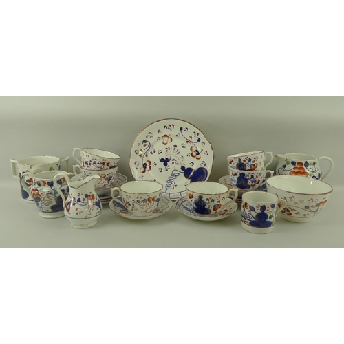 552 - A English lustre part teaset, mid 19th century, decorated in the Imari palate, with floral sprigs, c... 