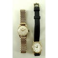A 9ct gold cased lady's Omega wristwatch, with circular pearlised face and gold baton markers, woven... 