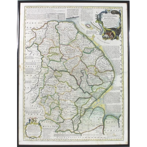 541 - Emmanuel Bowen (1694-1767): Lincolnshire, a map divided into its Wapontakes, dedicated to Peregrine ... 