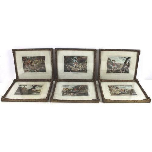 548A - After Samuel Howitt (British, 1756-1822): six fox hunting scenes, hand coloured aquatints, published... 