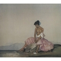 After Sir William Russell Flint, R.A., P.R.W.S. (1880-1969): a girl in a pink dress, with mountains ... 