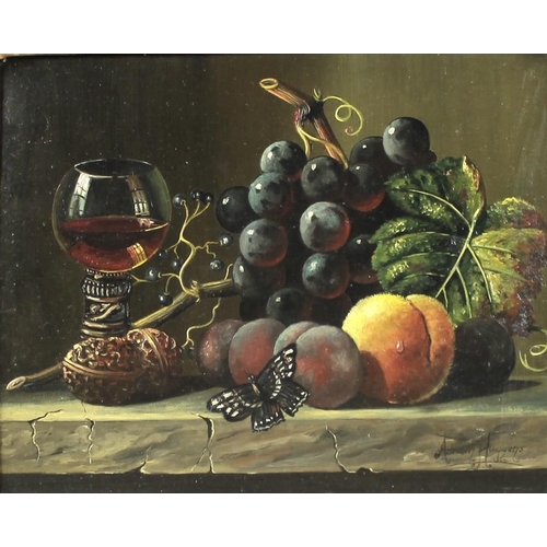 562 - Adriaen Huygens (Continental School, 20th century): still life with fruit, a wine glass and a butter... 