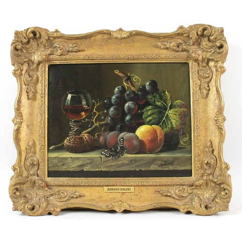 562 - Adriaen Huygens (Continental School, 20th century): still life with fruit, a wine glass and a butter... 