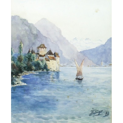 563 - Thomas Swift Hutton (British,1865-1935): Chillon Castle above Lake Geneva, watercolour on card, sign... 